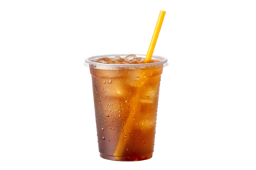 Refreshing Iced Tea Delight: A clear plastic cup filled with chilled iced tea and ice cubes, a bright yellow straw adding a pop of color to the refreshing beverage. 