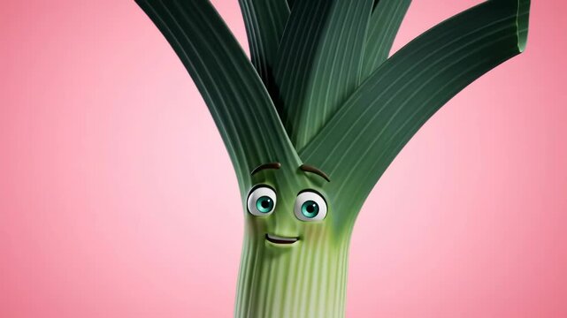 Animated leek character smiling against a pastel pink background for food advertisements