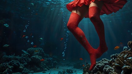 A surreal image of female legs wearing striking red stockings floating above a vibrant coral reef surrounded by tropical orange fish. Abstract concept