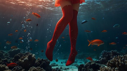 A surreal image of female legs wearing striking red stockings floating above a vibrant coral reef surrounded by tropical orange fish. Abstract concept
