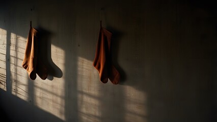 Wool Christmas stockings hanging on a dark concrete wall dramatically illuminated by low evening window light. Holiday concept
