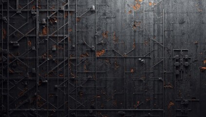 Dark metal panel with geometric patterns and rusty spots background image