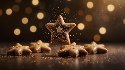 Delicious star-shaped sugar cookies dusted with sparkling sugar resting on a dark wooden surface with warm golden bokeh background lights. Food concept