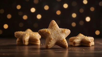 Delicious star-shaped sugar cookies dusted with sparkling sugar resting on a dark wooden surface with warm golden bokeh background lights. Food concept