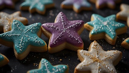 Delicious star-shaped sugar cookies beautifully decorated with shimmering golden edible glitter and sweet white icing arranged on a dark surface. Food concept
