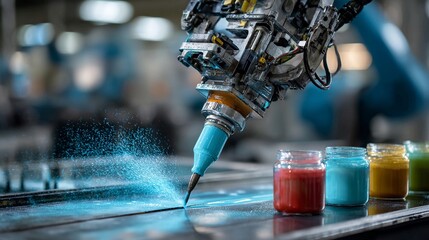 Dynamic robotic arm applying vibrant blue coating with precision, showcasing cutting-edge manufacturing and innovative automation for industrial design and advanced technology solutions