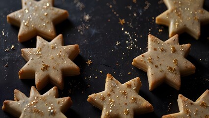 Delicious star-shaped sugar cookies beautifully decorated with shimmering golden edible glitter and sweet white icing arranged on a dark surface. Food concept