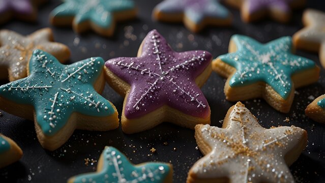 Delicious star-shaped sugar cookies beautifully decorated with shimmering golden edible glitter and sweet white icing arranged on a dark surface. Food concept - Powered by Adobe