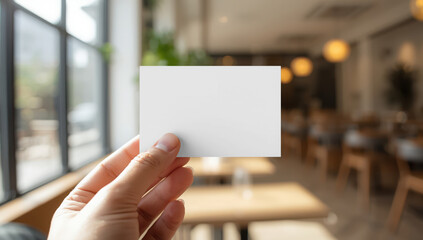 Transparent a hand holding a blank white business card in a cafe setting, with blurred background of tables and chairs, ideal for contact information mockup 