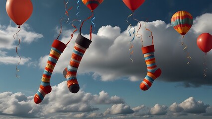 Whimsical image of brightly colored striped stockings attached to helium balloons floating playfully high in a partly cloudy blue sky. Abstract concept