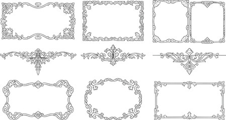 Obraz premium Collection of ornate vintage decorative frames and floral borders, elegant baroque ornament design, antique line art illustration for invitation and decoration