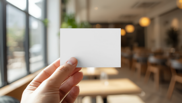Transparent a hand holding a blank white business card in a cafe setting, with blurred background of tables and chairs, ideal for contact information mockup 