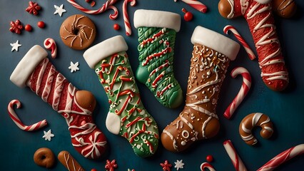 A whimsical collection of edible christmas stockings and various decorative shapes crafted entirely from gingerbread and holiday candy. Holiday concept