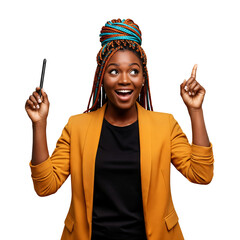 Excited African American woman having a great idea, pointing up with pen. Happy black businesswoman with colorful braids, eureka moment, isolated on transparent background, png