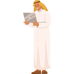 Smiling Middle Eastern Man Wearing Traditional White Thobe and Ghutra Holding a Laptop Computer While Standing Against a White Background