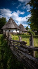 Rural Romanian Village Old Wooden Fence and Thatched Roof Homes