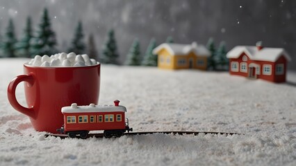 A delightful miniature toy train circling a large red mug filled with white marshmallows in a magical snowy winter diorama. Holiday concept