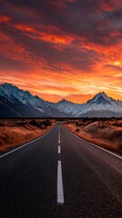 Scenic Road Leading to SnowCapped Mountains Under Fiery Sunset Skies