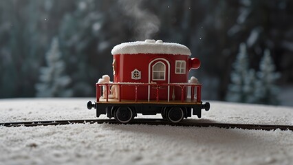 A delightful miniature toy train circling a large red mug filled with white marshmallows in a magical snowy winter diorama. Holiday concept