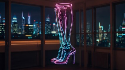 Futuristic abstract neon light tube knee-high boots with high heels suspended in a dark apartment overlooking a vibrant night cityscape. Abstract concept