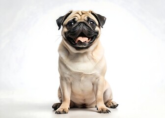 Adorable fawn colored pug dog sitting and looking directly at the camera with a happy expression