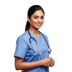 Smiling Indian nurse or doctor with a stethoscope. Friendly medical professional in blue scrubs, healthcare portrait, isolated on transparent background, png