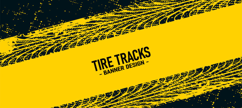 abstract tire tracks mark yellow banner in grungy style vector