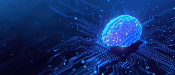 A glowing blue brain rests upon a circuit board, signifying the fusion of technology and consciousness