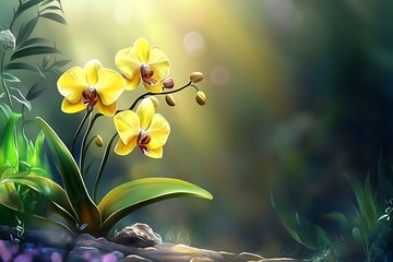 Sunlit yellow orchid blossoms gracefully ascend, anchored by stone and surrounded by lush greenery