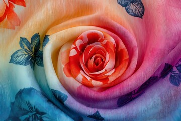 Swirling Floral Fabric Abstract Rose Design in Rainbow Gradient, Unique Textile Art