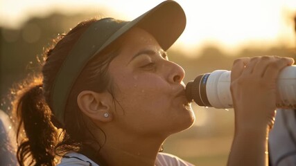 Women’s Cricket World Cup athlete, female player drinking water, refreshing herself under warm sunlight after intense gameplay on the field, endurance and focus in sports competition - Powered by Adobe