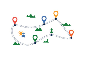 Naklejka premium Illustrated road trip map with bus, sun, trees, mountains and location markers