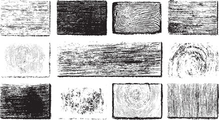 A collection of black and white abstract textures resembling wood grain and tree rings.