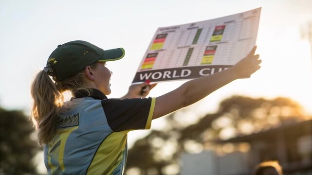 Woman Showcases Cricket World Cup Scorecard Excitement and Intensity of Tournament with Enthusiasm and Support