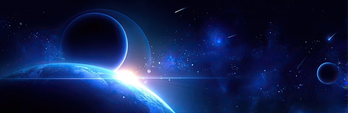 A cosmic vista of planets and celestial events in shades of blue, light and darkness