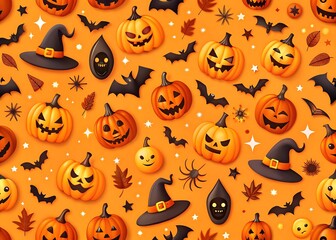 Spooky halloween pattern featuring carved pumpkins witch hats bats and autumn leaves on orange background