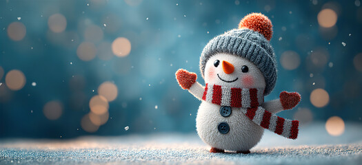 Cheerful snowman with knit hat and red scarf in falling snow, blue bokeh background. Festive winter holiday scene, cute outdoors. Long wide banner. Christmas concept