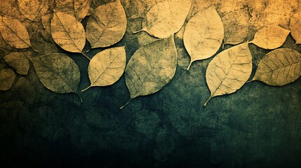 Textured Leaves with Grunge Backdrop Autumnal Botanical Art on Green Background