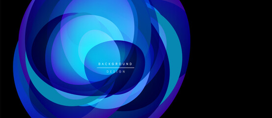 Abstract blue layers create dynamic circular design. Modern background with gradient effects, text reads background design.