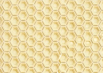Abstract geometric background with a repeating pattern of golden hexagons and subtle light effects