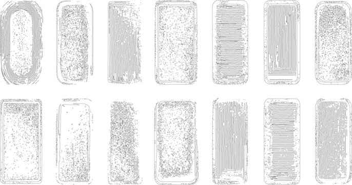 A collection of abstract shapes with varied textured outlines in black and white.