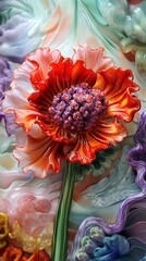 The intricate art glass sculpture features a vibrant red flower with purple stamen