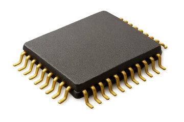 Microchip representing advanced digital technology, integrated circuits, and electronic processing on transparent background