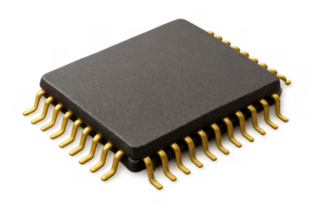 Microchip representing advanced digital technology, integrated circuits, and electronic processing on transparent background