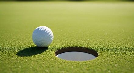 A white golf ball rests near the hole on a green course