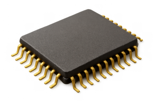 Microchip representing advanced digital technology, integrated circuits, and electronic processing on transparent background