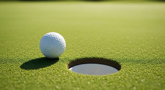 A white golf ball rests near the hole on a green course