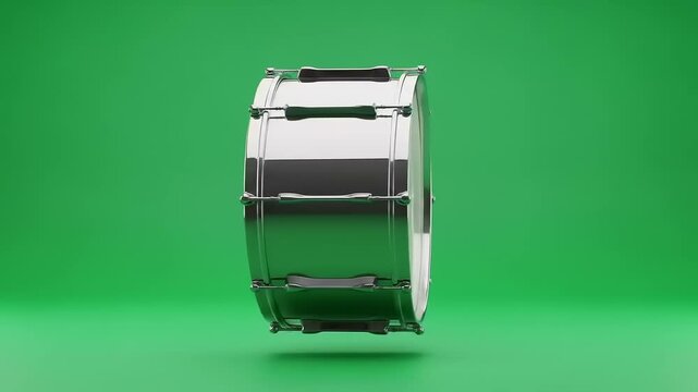 A Chrome Snare Drum Floats Against a Vibrant Green Background.