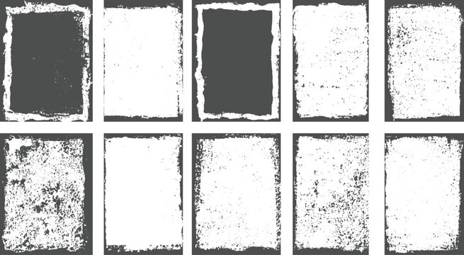 Collection of ten distressed rectangular frames with rough white textured borders on a gray background.