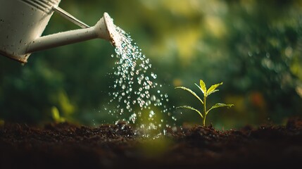 Watering a Young Plant Sprout with Watering Can in the Garden Soil